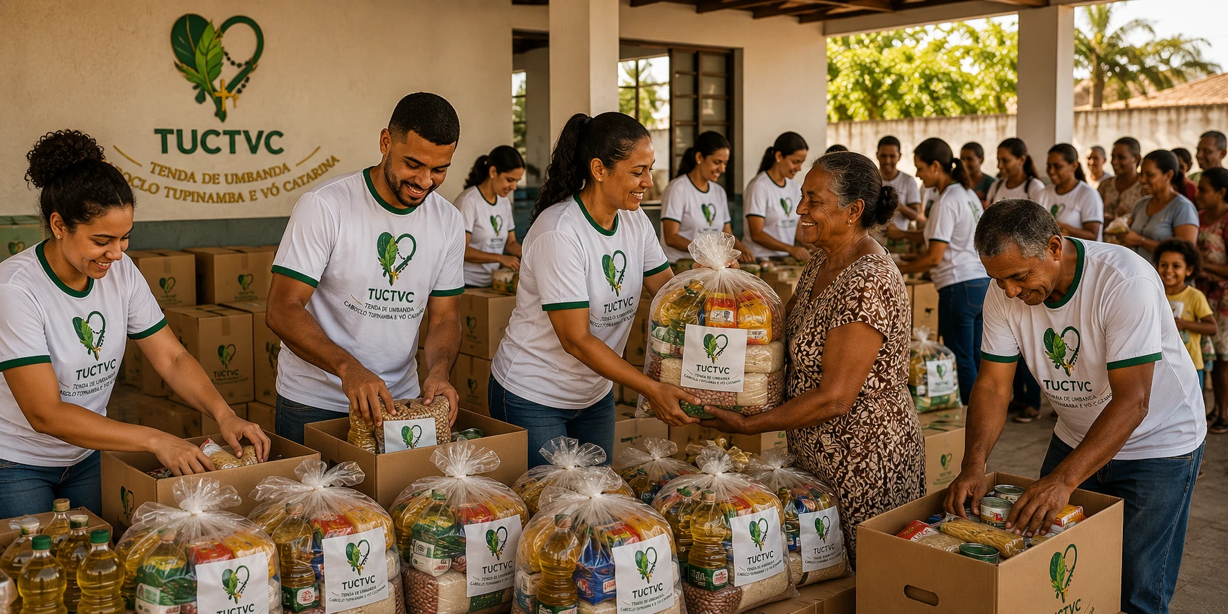 Voluntários organizando e distribuindo cestas básicas